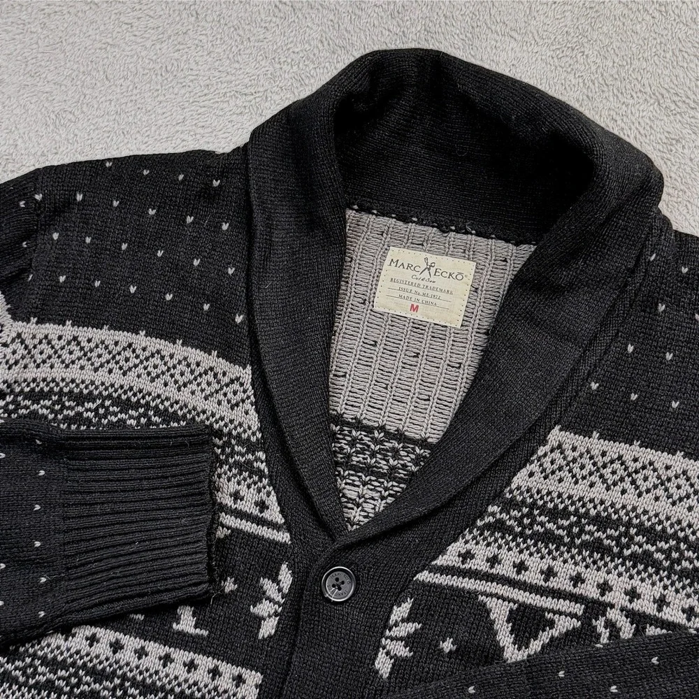 Marc Ecko Cut & Sew Mens Shawl Collar Cardigan Black Grey Fair Isle Sweater Med